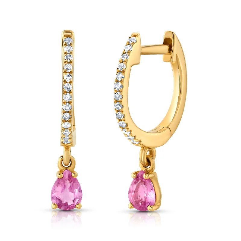 Women’s rose gold engagement rings-GLAMOROUS PINK SAPPHIRE & DIAMOND DANGLE HUGGIES, 14kt Gold