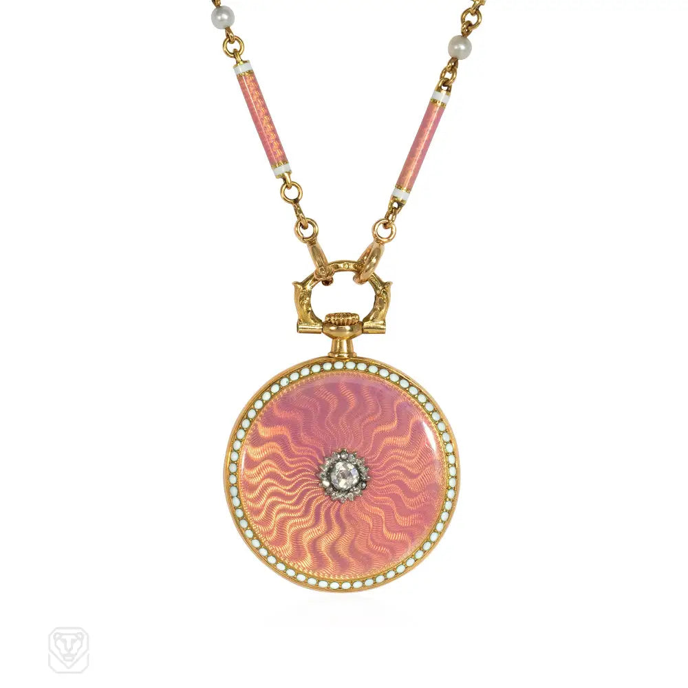 Women’s luxury necklaces-Cartier Paris Belle Epoque pink enamel pendant watch necklace