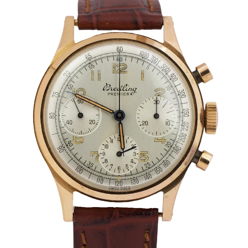 Unisex military style watches-VINTAGE UNPOLISHED Breitling 788 Premier Chronograph 18K Rose Gold Leather 36mm