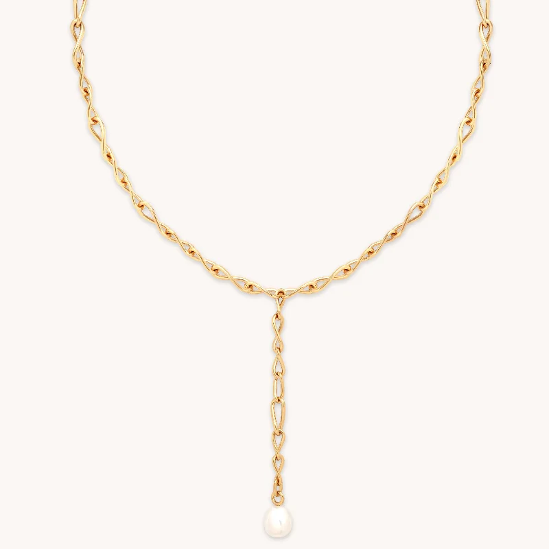 Women’s gemstone drop necklaces-Infinite Pearl Bold Lariat Necklace in Gold