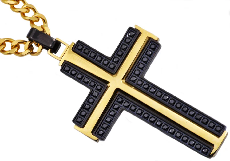 Women’s gemstone necklaces-Mens Black And Gold Stainless Steel Cross Pendant Necklace With Black Cubic Zirconia