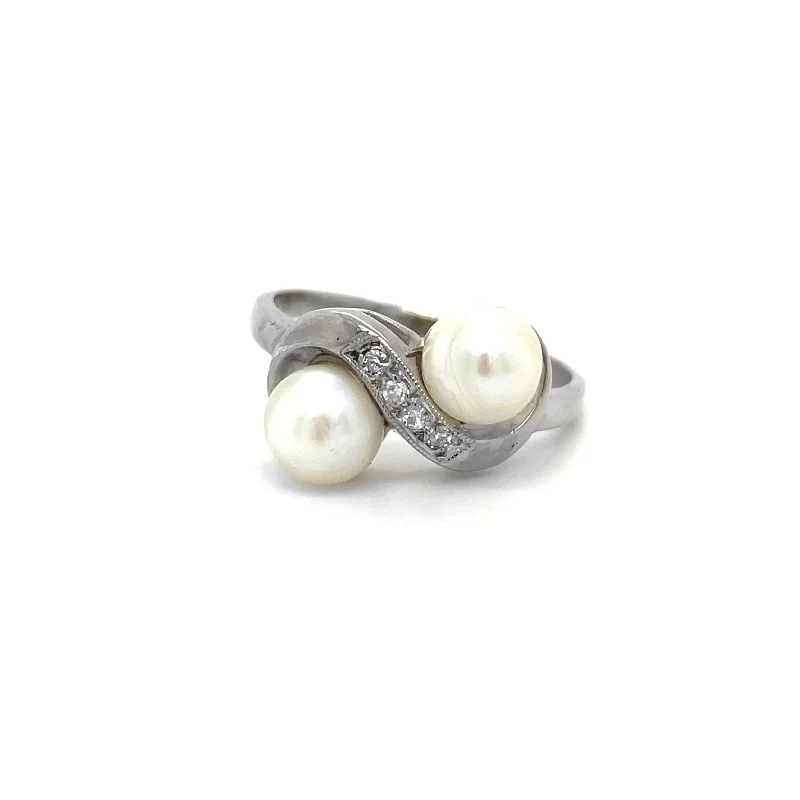 Women’s stackable engagement rings-ESTATE 14KW Gold  2-Stone Pearl Ring with Diamond Accents