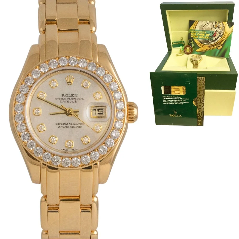 Unisex retro style watches-Rolex DateJust 69298 Pearlmaster 18k Yellow Gold Diamond Bezel MOP Dial 29mm BOX