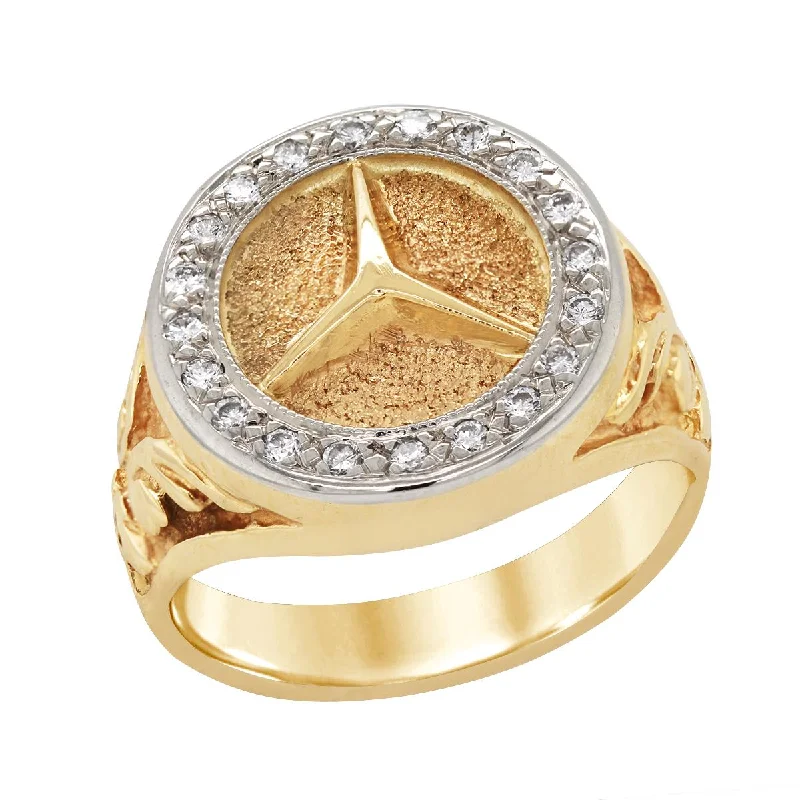 Women’s radiant-cut solitaire engagement rings-YELLOW GOLD RING WITH MERCEDES LOGO AND DIAMONDS, 1/5 CT TW