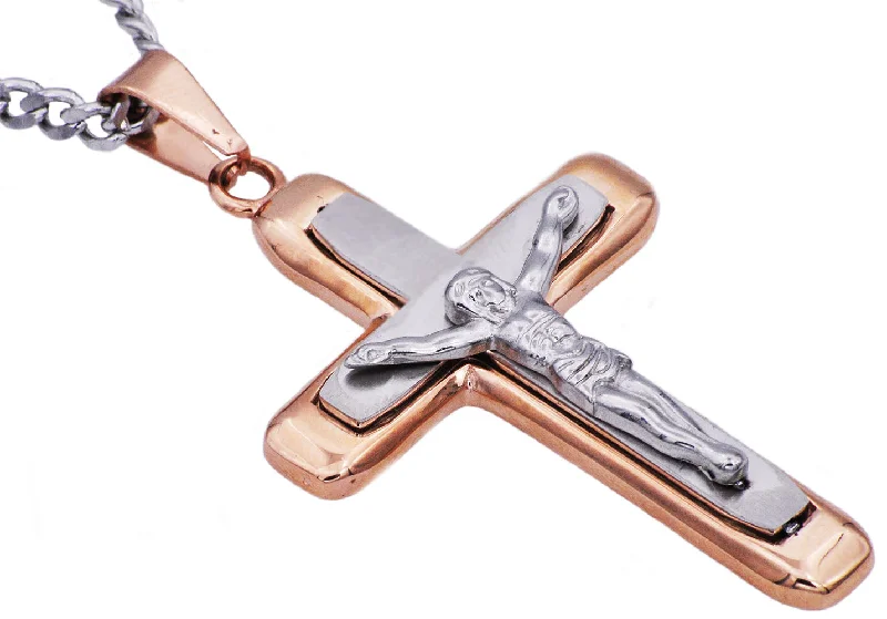 Women’s vintage necklaces-Mens Two Tone Rose Stainless Steel Crucifix Pendant Necklace