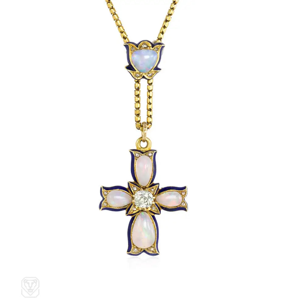 Women’s gold-plated necklaces-Antique enamel, opal and diamond pendant