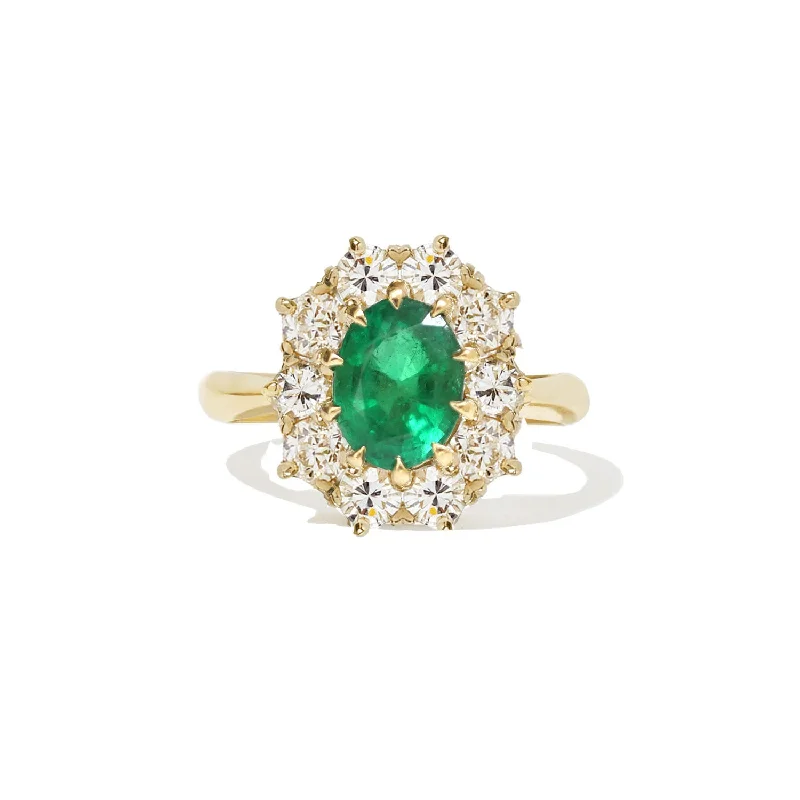 Women’s pave engagement rings-Emerald & Old European Cut Diamond Cluster Ring