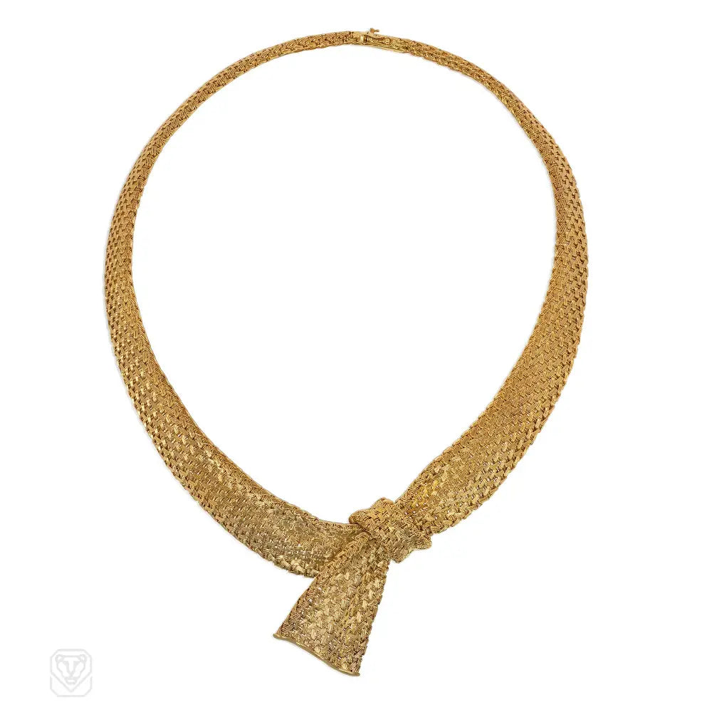 Women’s long silver necklaces-1950s woven gold ribbon knot necklace