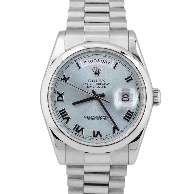 Unisex ceramic watches-MINT PAPERS Rolex Day-Date Presidential 36mm Glacier Blue Platinum 118206 BOX