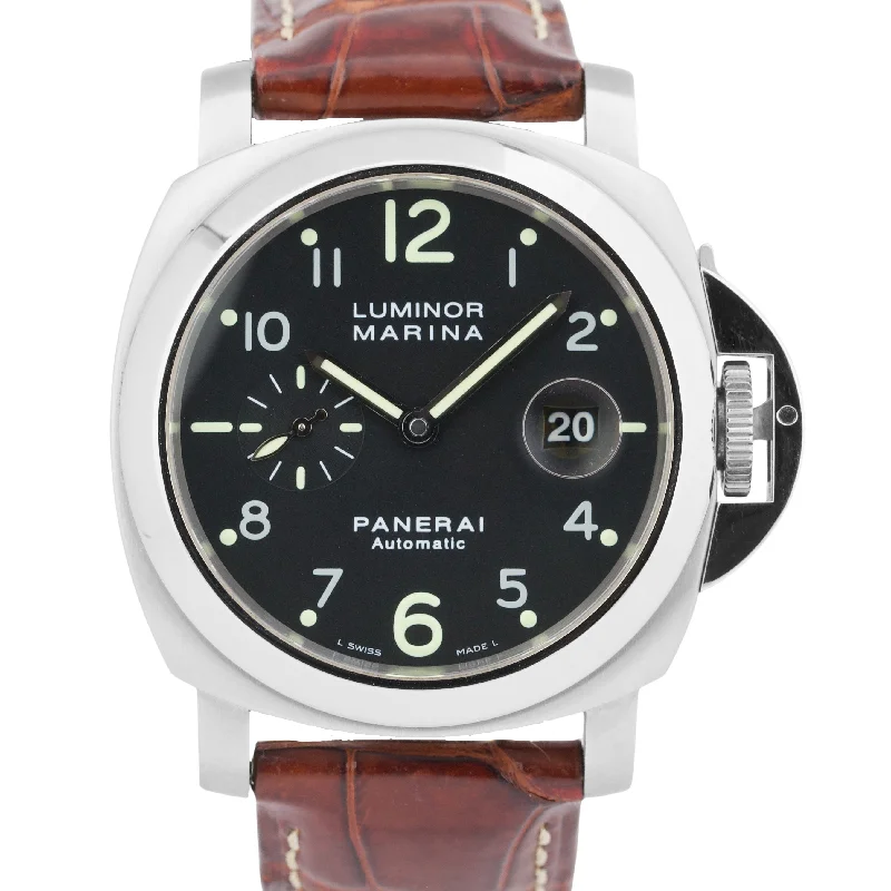 Unisex luxury watches-Panerai Luminor Marina Stainless Steel Black 44mm PAM00164 Leather PAM 164 Watch