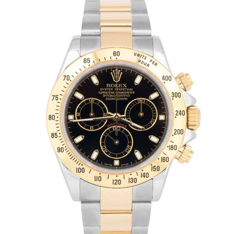 Unisex elegant chronograph watches-MINT 2004 Rolex Daytona Cosmograph 40mm Black Two-Tone 18K Gold Watch 116523 BOX