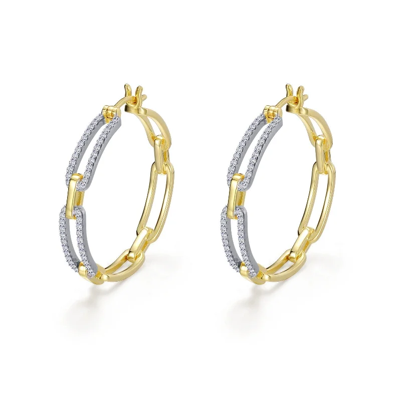 Women’s engraved earrings-Lafonn Simulated Diamond Two Tone Paperclip Hoop Earrings E0511CLT