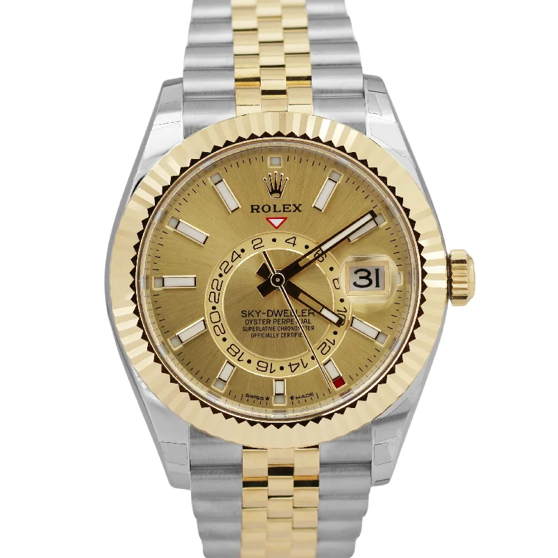 Unisex elegant watches-NEW NOV 2024 PAPERS Rolex Sky-Dweller CHAMPAGNE Gold Steel JUBILEE 336933 BOX