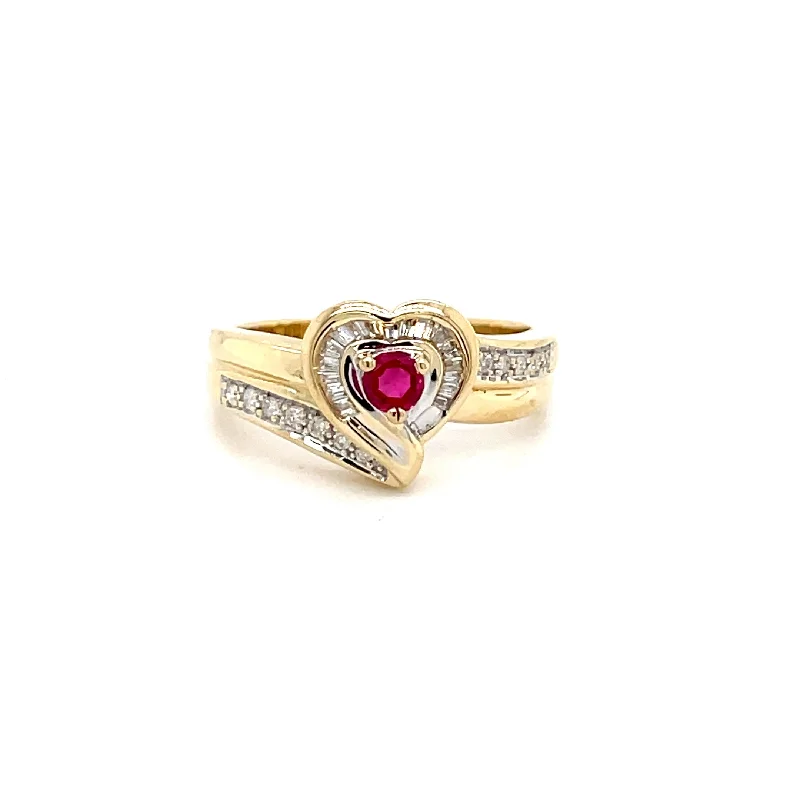 Women’s vintage-inspired engagement rings-ESTATE 14K YELLOW GOLD BYPASS-STYLE DIAMOND AND RUBY HEART RING