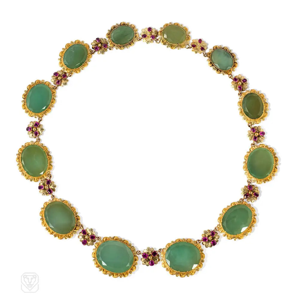 Women’s colorful gemstone necklaces-Georgian gold, chrysoprase, and ruby necklace