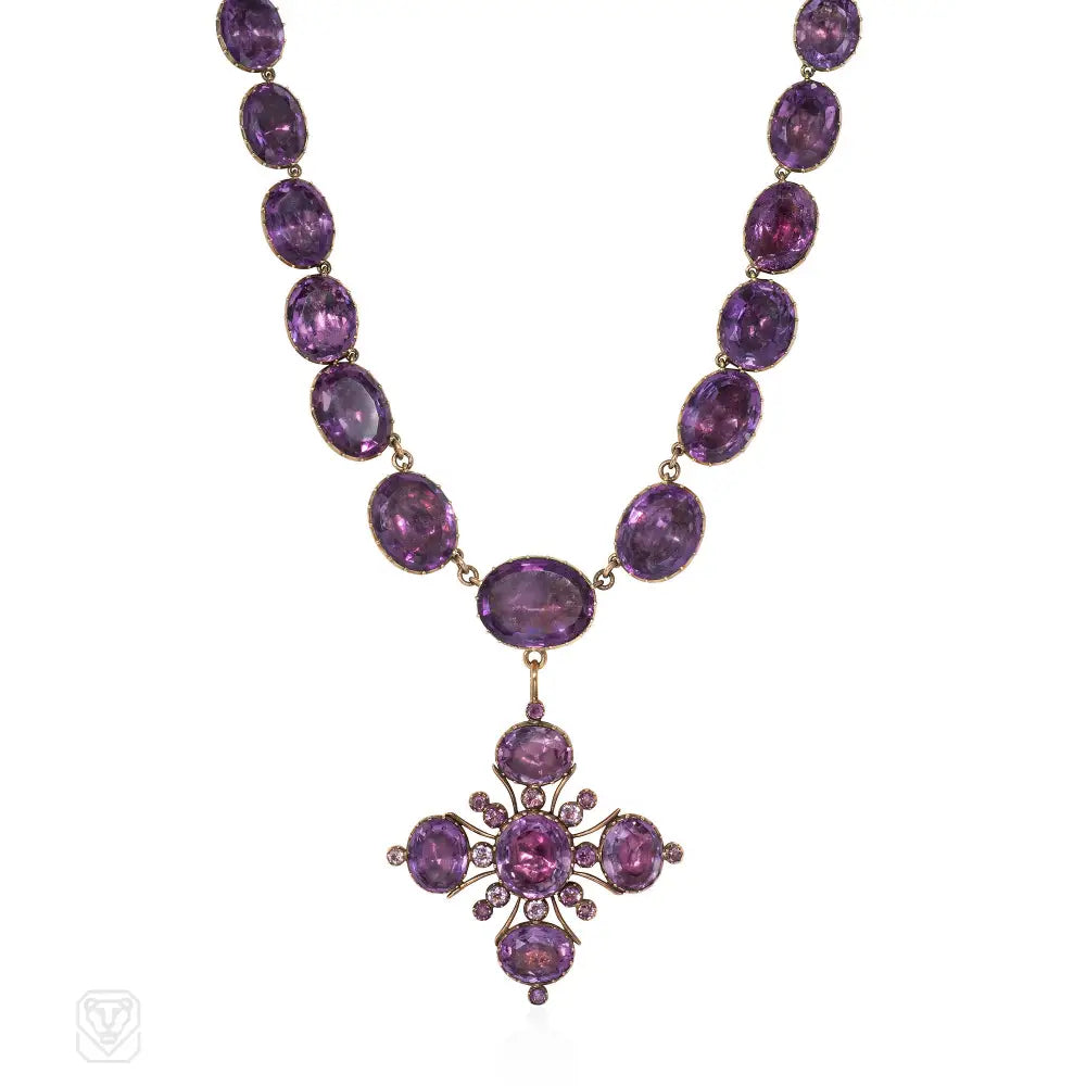 Women’s rose gold necklaces-Antique amethyst rivière necklace with quatrefoil pendant