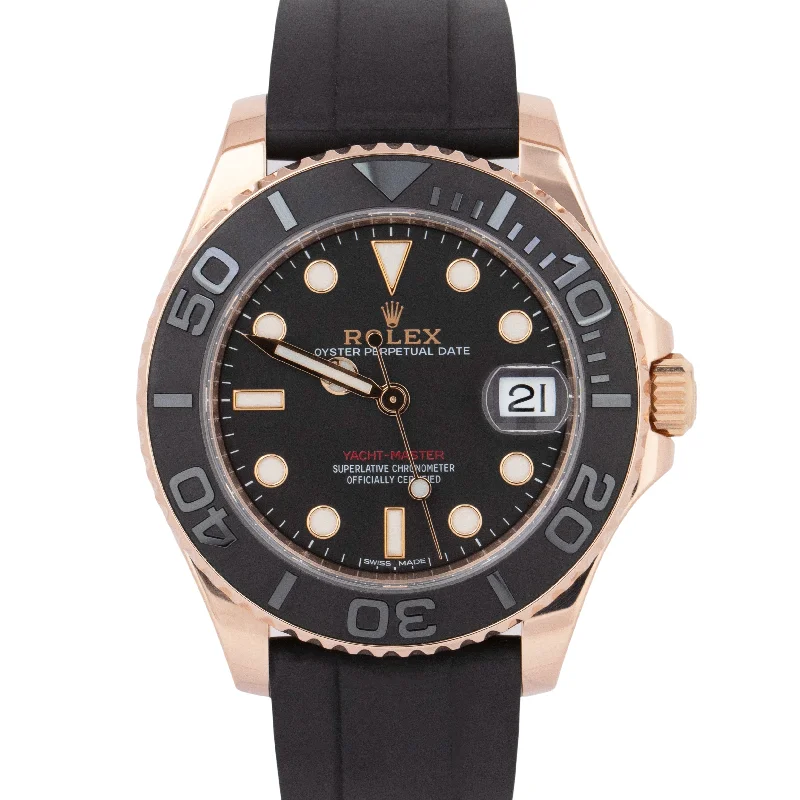 Unisex multi-function watches-MINT PAPERS Rolex Yacht-Master Black Rose Gold Oysterflex 37mm Watch 268655 BOX