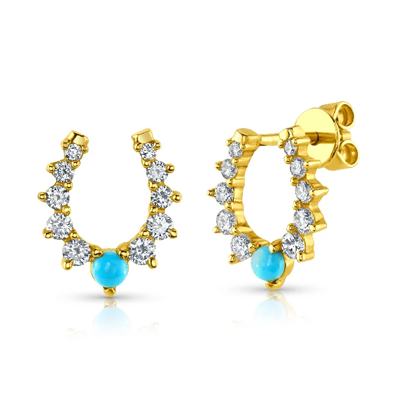 Women’s diamond accented engagement rings-HORSESHOE TURQUOISE & DIAMOND STUDS, 14kt Gold