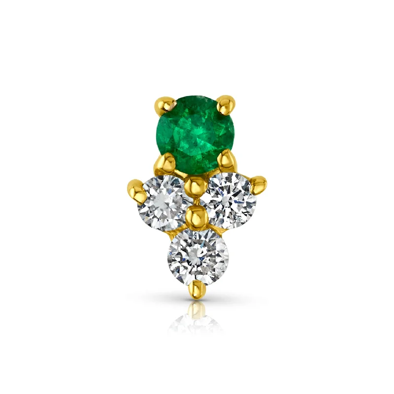 Women’s white diamond engagement rings-SINGLE EMERALD & DIAMOND CLUSTER FLAT BACK STUD, 14kt Gold