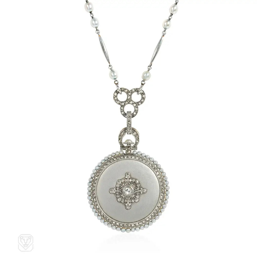 Women’s platinum necklaces-Leroy et Cie. antique pearl, diamond, and platinum watch pendant