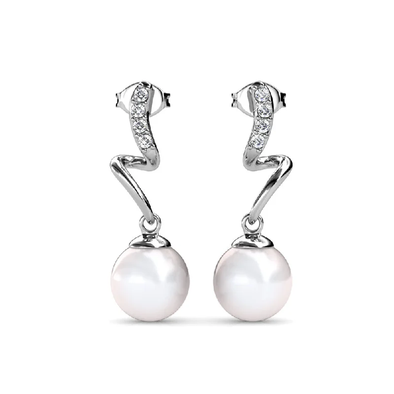 Women’s butterfly earrings-Ophelia 18k White Gold Plated Drop Pearl Earrings with Swarovski Crystals