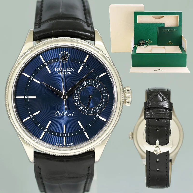 Unisex white dial watches-MINT Rolex Cellini Date Blue Dial White Gold 39mm Leather Automatic 50519 Watch Box