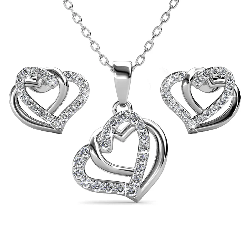 Women’s gold statement earrings-Angela 18k White Gold Plated Silver Necklace and Earring Set, Double Heart Jewelry Set with Swarovski Crystals