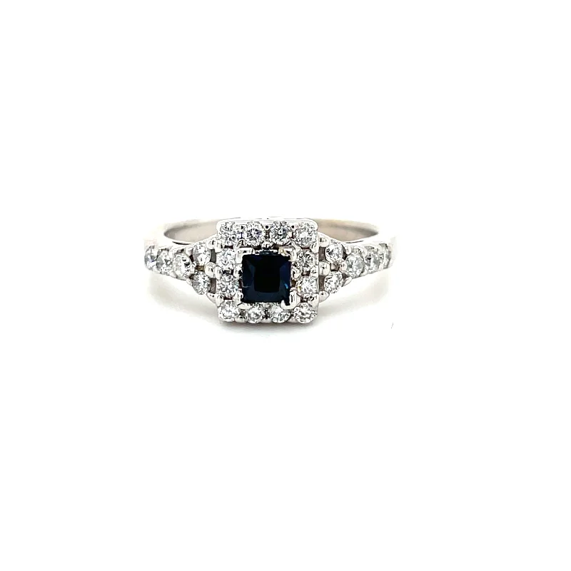 Women’s engraved engagement rings-ESTATE 14KW Gold Square Halo Diamond & Sapphire Ring