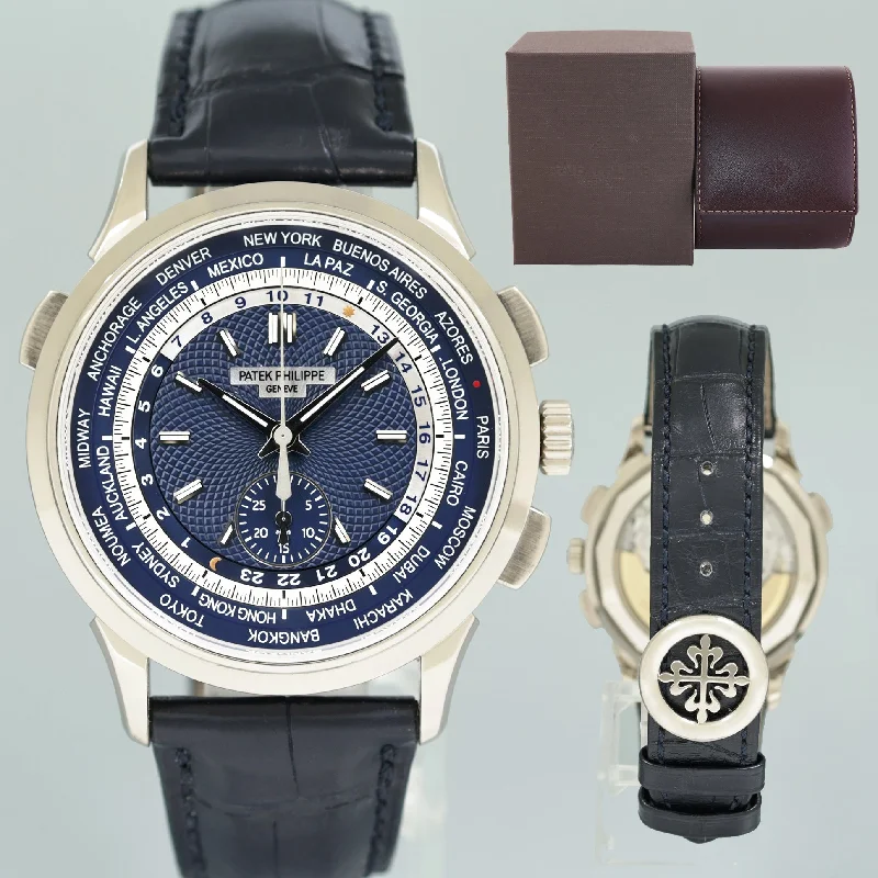 Unisex leather band watches-2019 MINT Patek Philippe 5930g 39.5mm White Gold World Time Blue Calatrava Watch Box