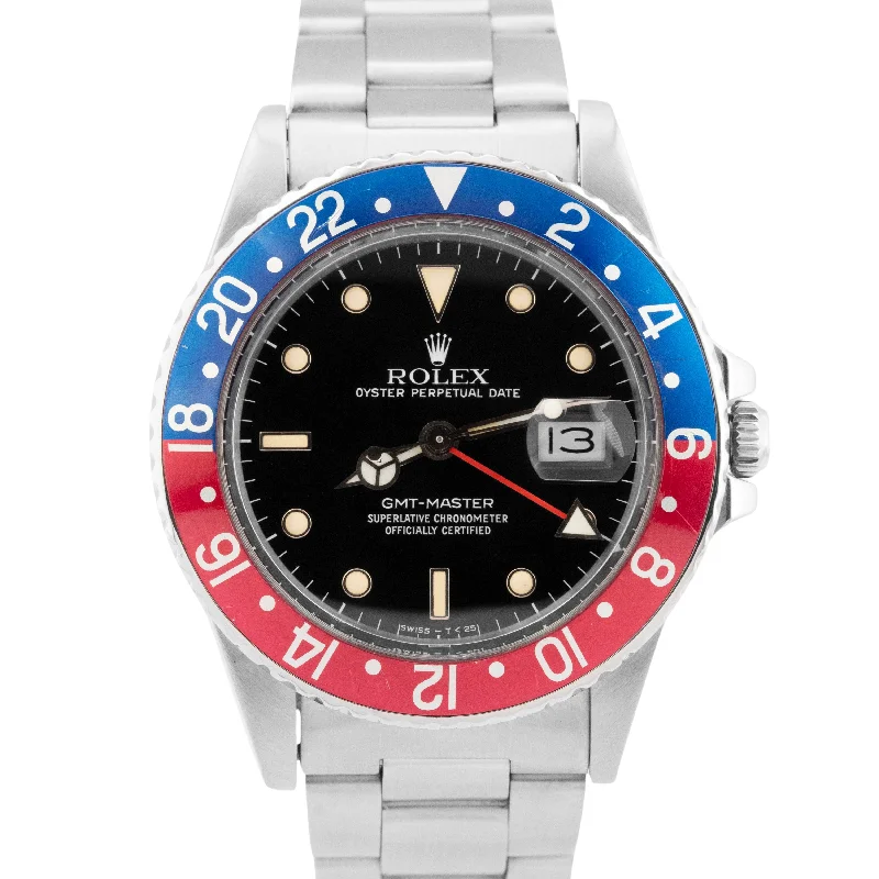 Unisex fashion smartwatches-1985 Rolex GMT-Master PEPSI Stainless Steel Red Blue Oyster Date 16750 Watch