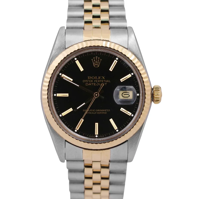 Unisex solar-powered wristwatches-Rolex DateJust 36mm BLACK 18K Yellow Gold Stainless Steel JUBILEE Fluted 16013