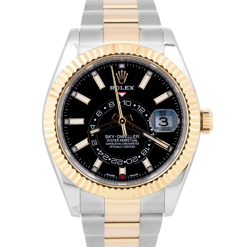 Unisex solar-powered wristwatches-MINT PAPERS Rolex Sky-Dweller Two-Tone Gold Steel Black 42mm 326933 Watch BOX