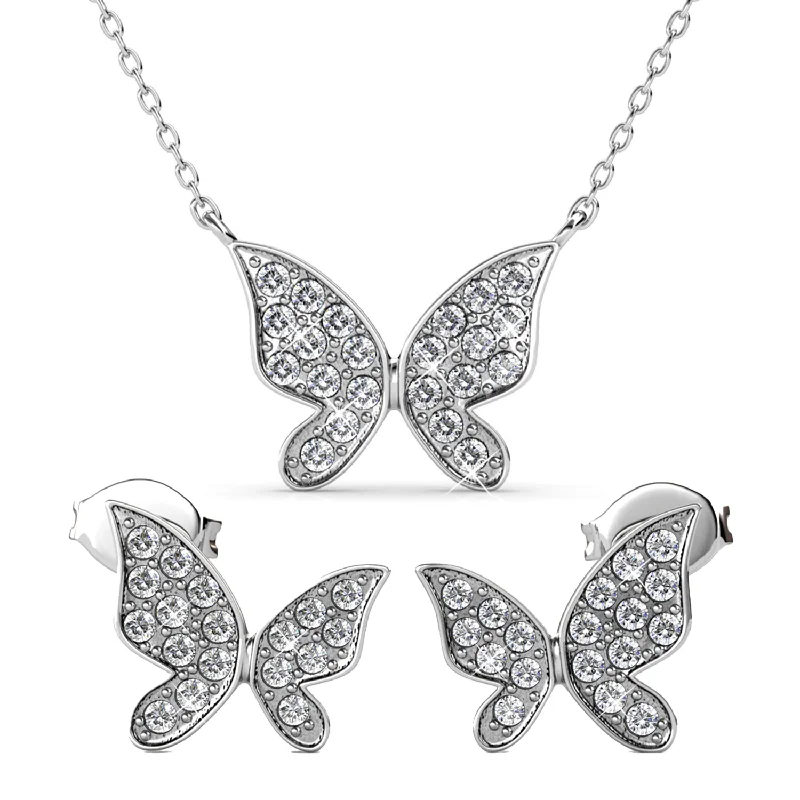 Women’s vintage earrings-Yuenen 18k White Gold Plated Silver Butterfly Necklace and Earring Set with Swarovski Crystals