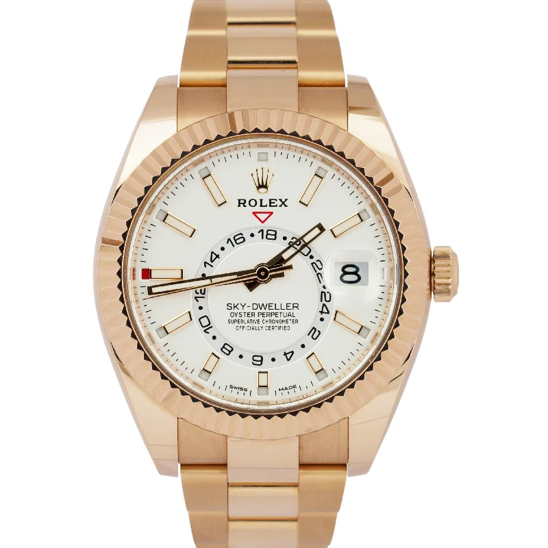 Unisex luxury leather watches-2023 Rolex Sky-Dweller 18K Rose Gold WHITE Oyster Fluted Everose 42mm 326935 BOX