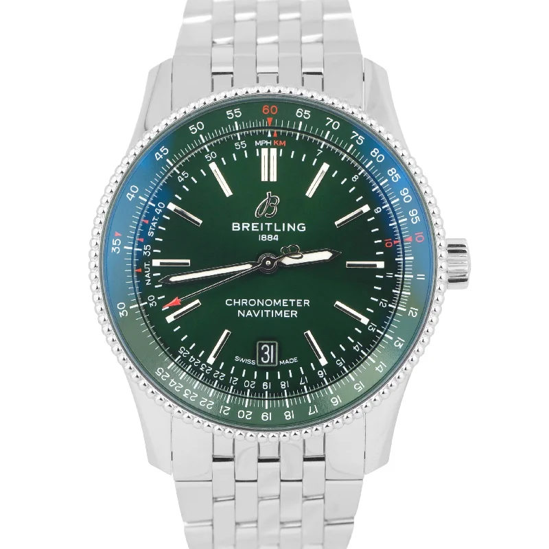 Unisex elegant digital watches-MINT 2020 PAPERS Breitling Navitimer Automatic 41 GREEN Steel A17326 Watch BOX