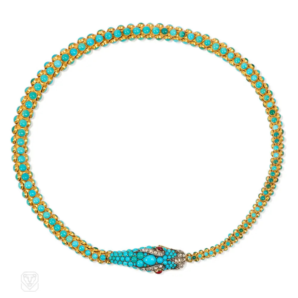 Women’s ruby necklaces-Antique gold and turquoise snake necklace