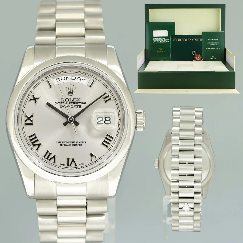 Unisex diamond-studded watches-MINT Rolex Platinum 36mm President 118206 Rhodium Roman Dial Watch Box