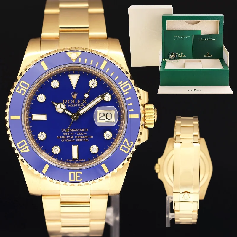 Unisex blue dial watches-2018 MINT Rolex Submariner Ceramic Blue Serti Diamond 116618 Yellow Gold 40mm Watch