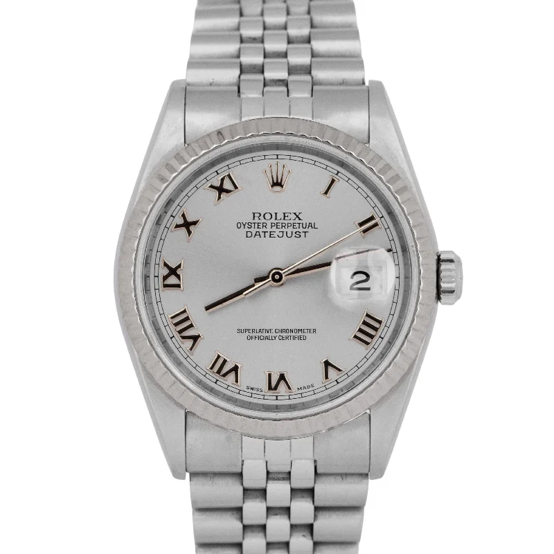 Unisex smart watches-PAPERS Rolex DateJust Silver Roman 36mm Stainless White Gold Watch 16234 BOX