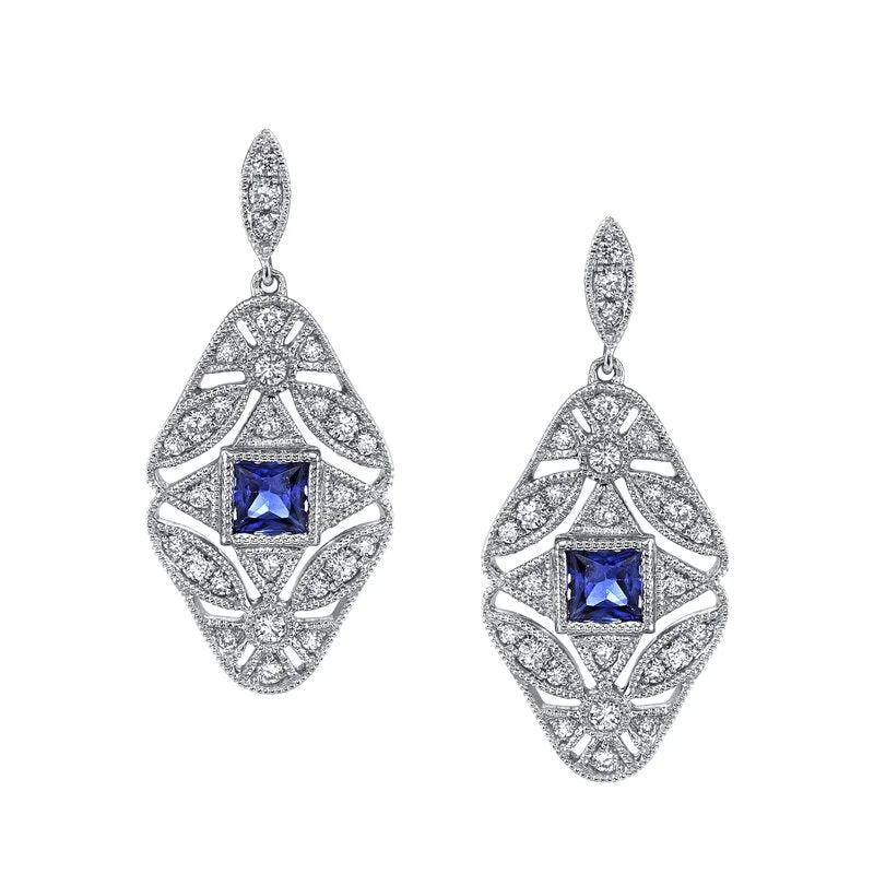 Women’s floral earrings-14K White Gold 0.42ct. Sapphire & 0.25ct. Diamond Antique Inspired Drop Earrings