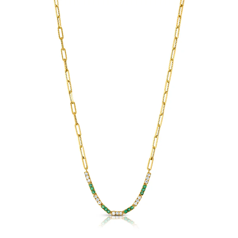 Women’s asscher cut engagement rings-LIGHT PAPERCLIP CHAIN W/ DIAMOND & EMERALD BARS, 14kt Gold