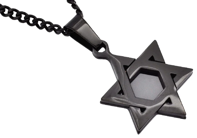 Women’s luxury necklaces-Mens Black Stainless Steel Star Of David Pendant Necklace