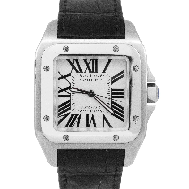 Unisex fashion smartwatches-PAPERS Cartier Santos 100 XL Stainless Steel White 38mm Watch 2656 W20073X8 BOX