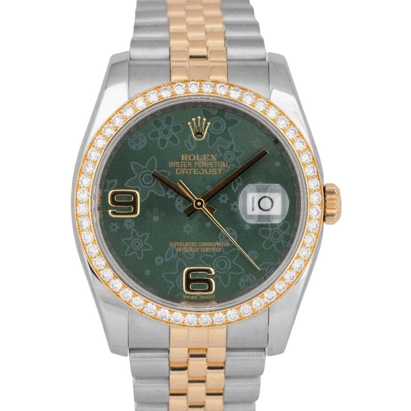 Unisex ceramic watches-MINT Rolex DateJust 36mm Green Floral DIAMOND Two-Tone Gold Steel Watch 116243