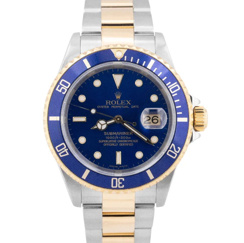 Unisex minimalist watches-Rolex Submariner Date 40mm BLUE NO-HOLES SEL Two-Tone 18K Gold Steel Watch 16613