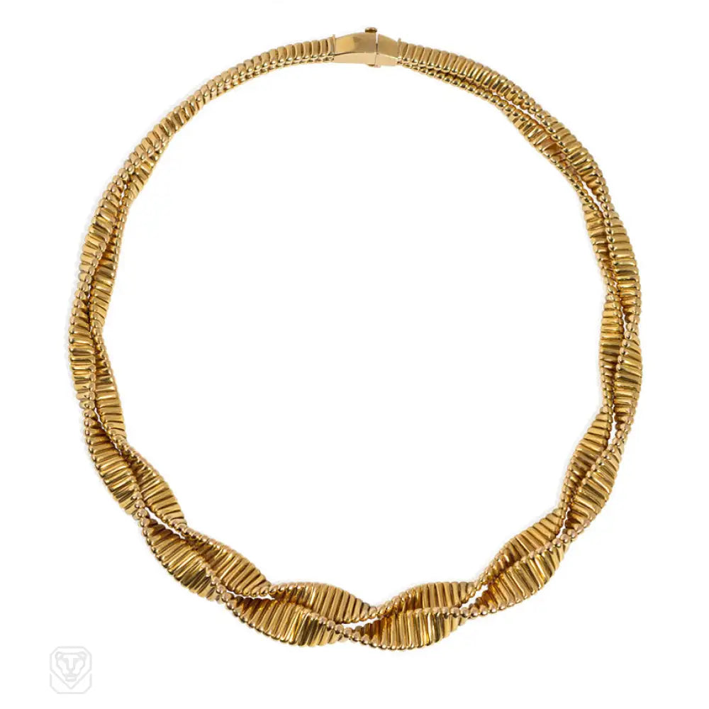 Women’s diamond pendant necklaces-Retro gold twisted gas pipe necklace. France