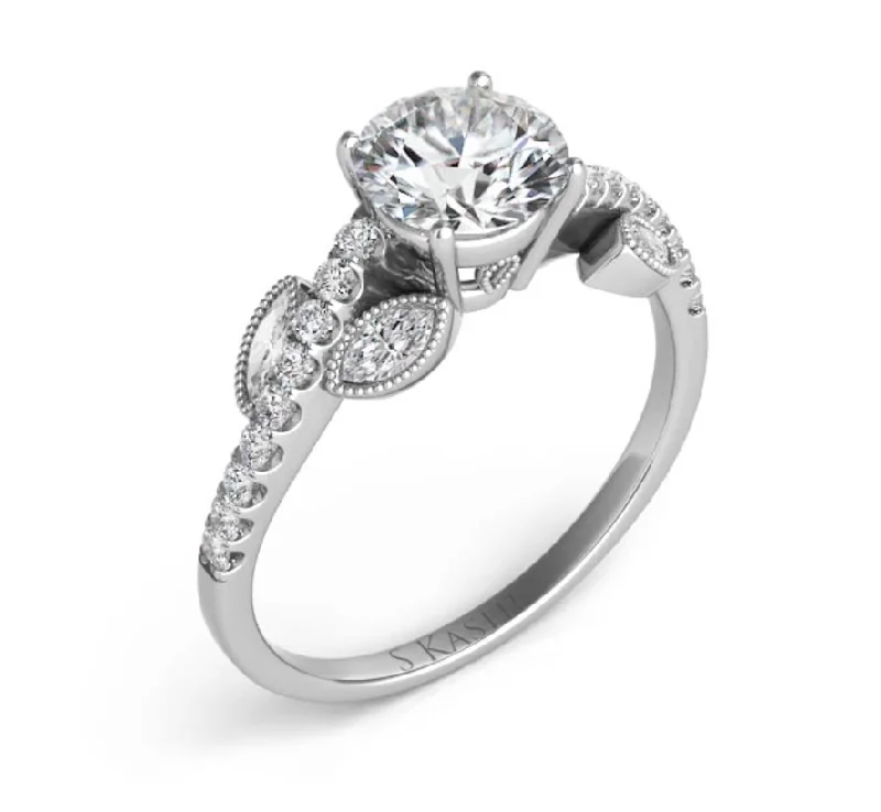 Women’s handcrafted engagement rings-14K White Gold Round and Marquise Leaf Diamond Design Mounting