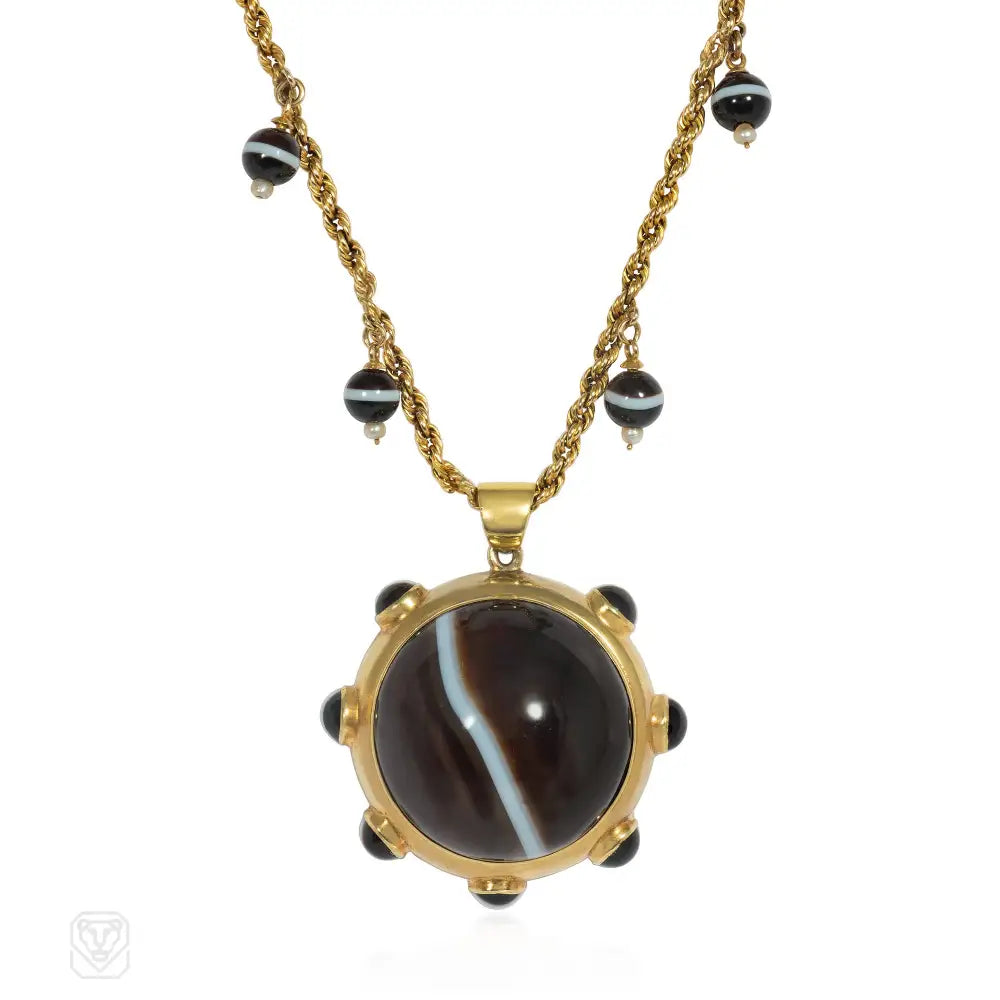 Women’s diamond necklace with pendants-Antique banded agate pendant necklace