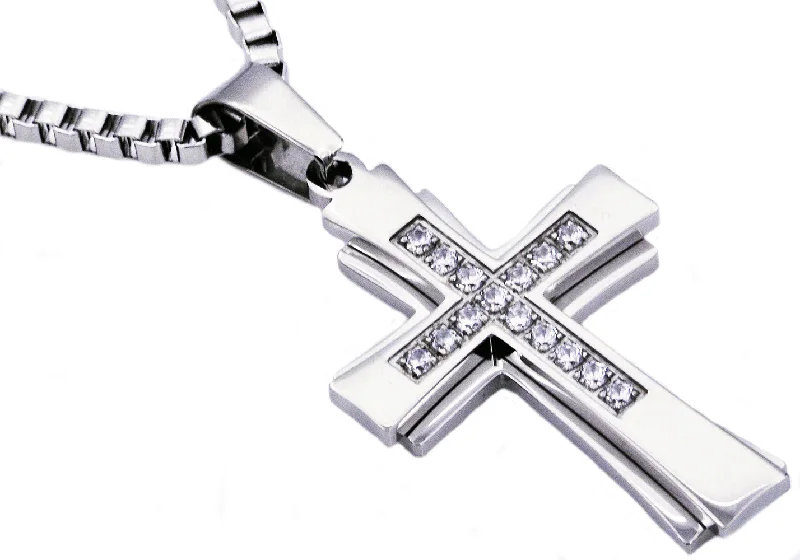 Women’s custom necklaces-Mens Stainless Steel Cross Pendant Necklace With Cubic Zirconia