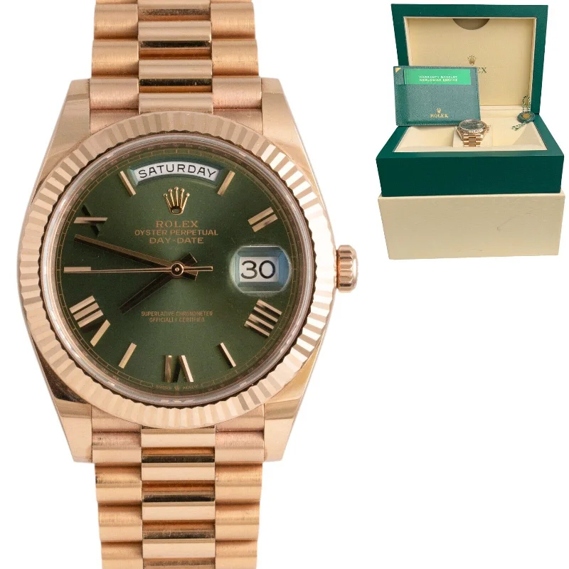 Unisex sleek watches-Rolex Day-Date 40mm OLIVE Green President 18k Rose Gold 228235 UNPOLISHED w/ BOX